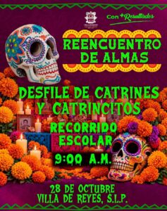 Cartel del Desfile de Catrines y Catrincitos en Villa de Reyes, programado para el 28 de octubre