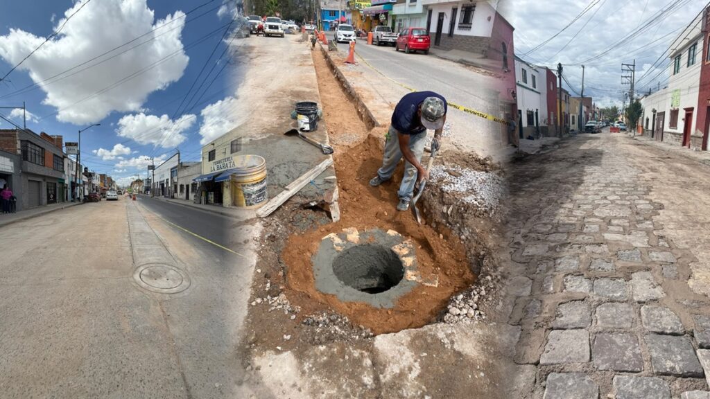 Obras de rehabilitación sanitaria de Interapas en calles de San Luis Potosí, con trabajos de excavación y reparación de infraestructura.