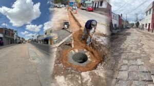 Obras de rehabilitación sanitaria de Interapas en calles de San Luis Potosí, con trabajos de excavación y reparación de infraestructura.