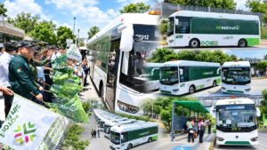 Autobuses de MetroRed y acto de arranque del transporte gratuito en Ciudad Valles, San Luis Potosí
